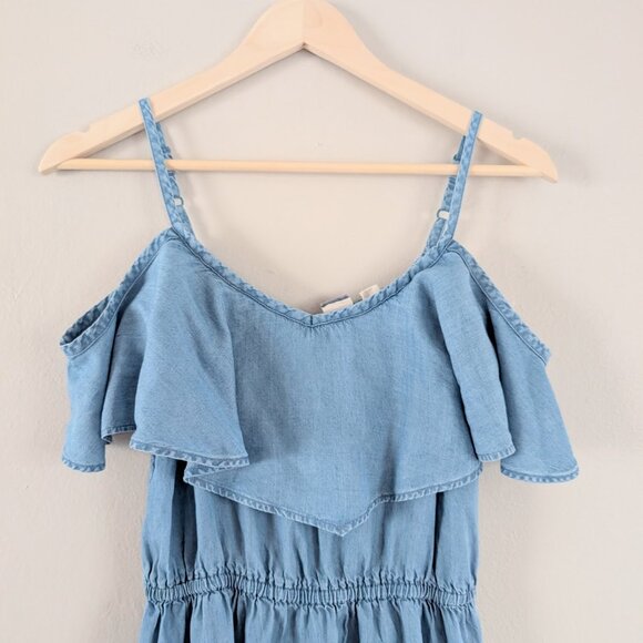 Roxy Y2K Chambray Ruffle Tiered Off the Shoulder Summer Maxi Dress XS - Picture 5 of 9